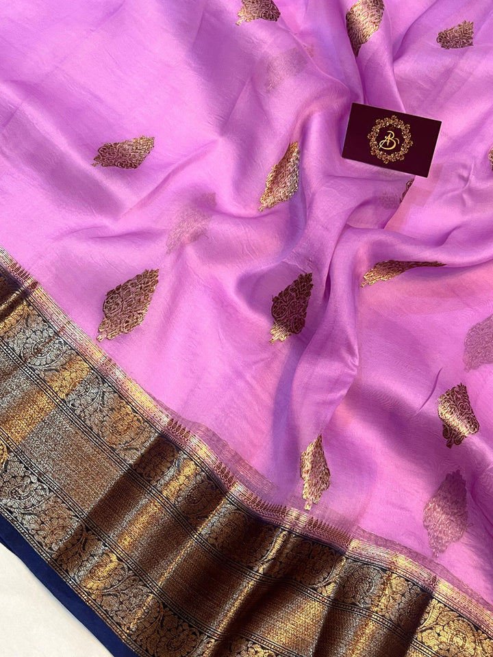 Lavender Banarasi Handloom Kora Silk Saree - Aura Benaras
