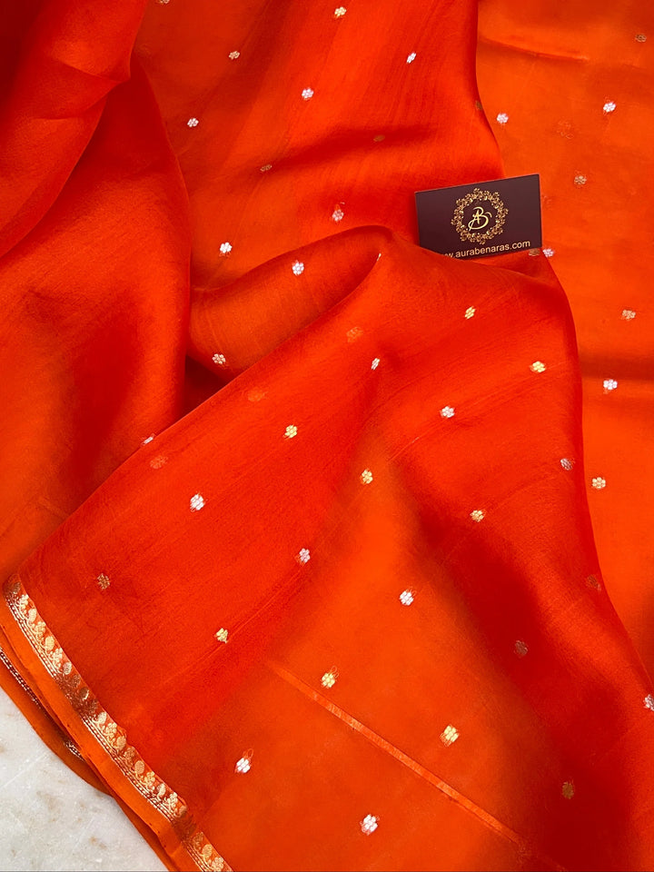 Orange Kora Silk Banarasi Saree with Zari Butis & Border