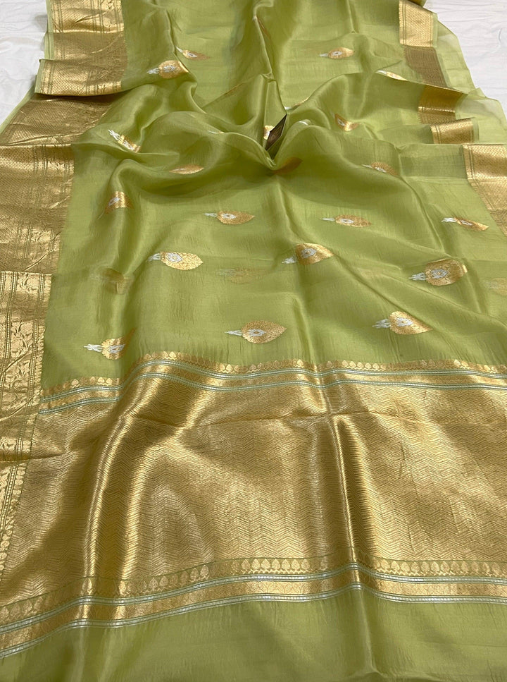 Dusky Green Pure Banarasi Handloom Kora Silk Saree - Aura Benaras