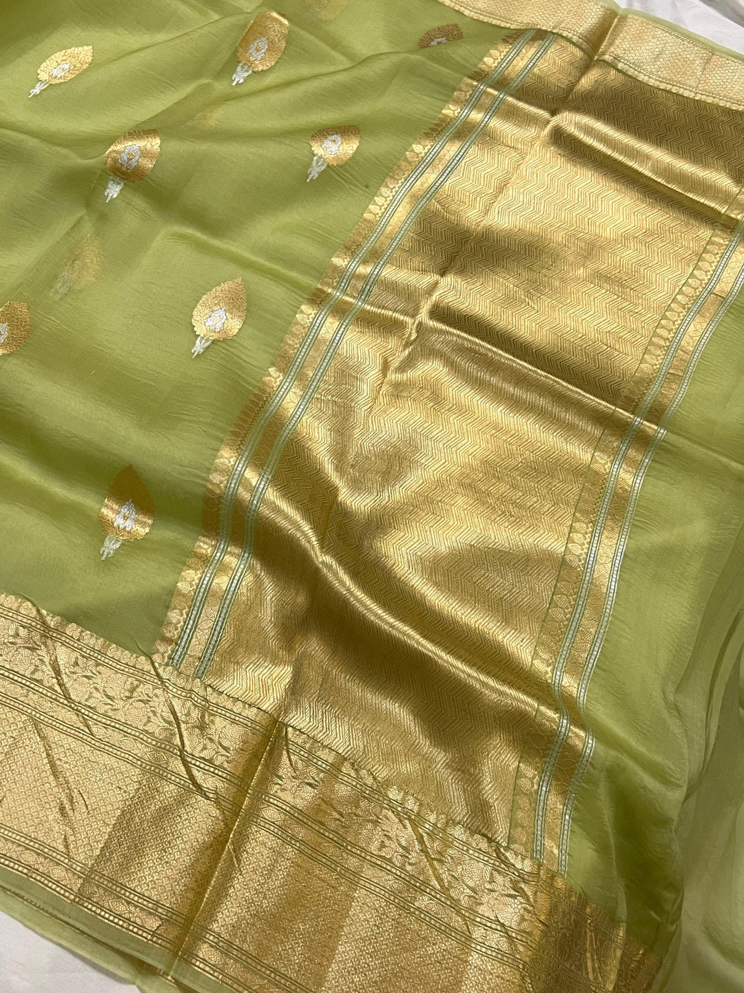 Dusky Green Pure Banarasi Handloom Kora Silk Saree - Aura Benaras