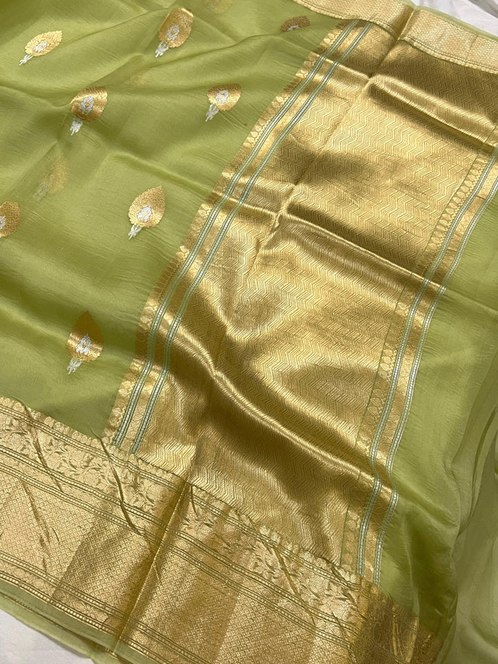 Dusky Green Pure Banarasi Handloom Kora Silk Saree - Aura Benaras