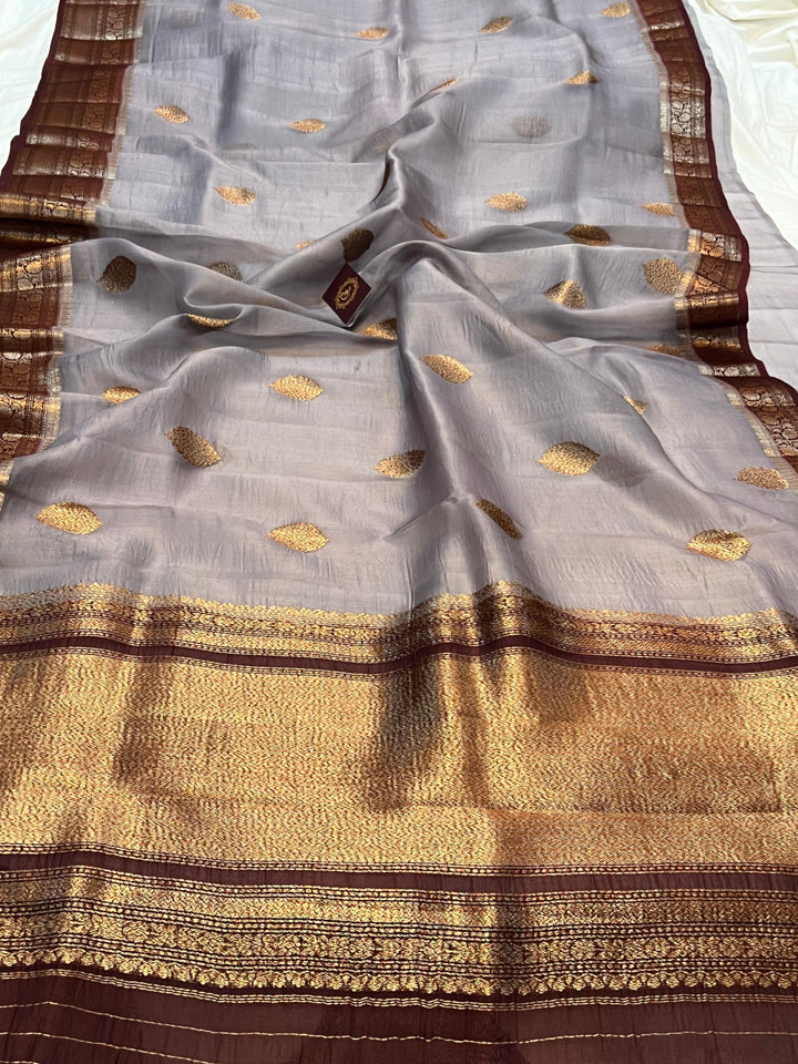 Grey Banarasi Handloom Kora Silk Saree - Aura Benaras