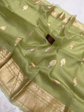 Dusky Green Pure Banarasi Handloom Kora Silk Saree - Aura Benaras