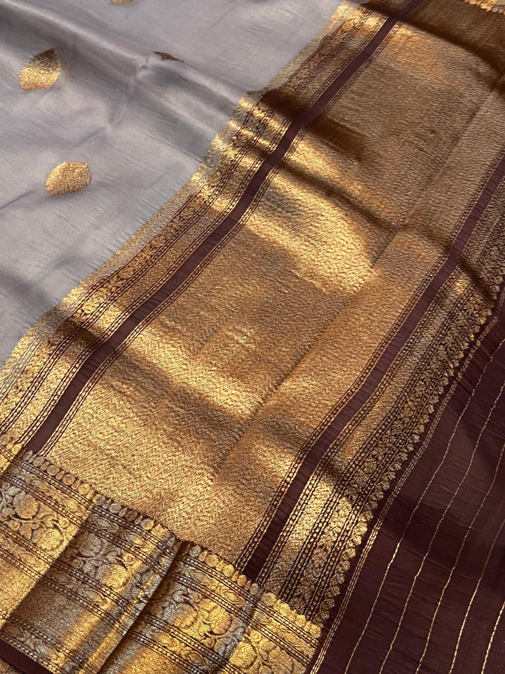 Grey Banarasi Handloom Kora Silk Saree - Aura Benaras