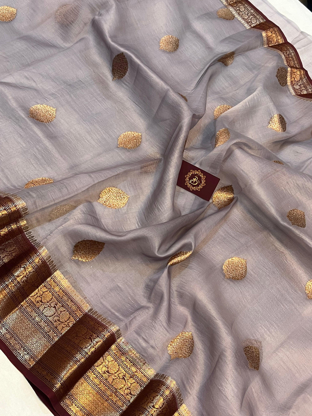 Grey Banarasi Handloom Kora Silk Saree - Aura Benaras