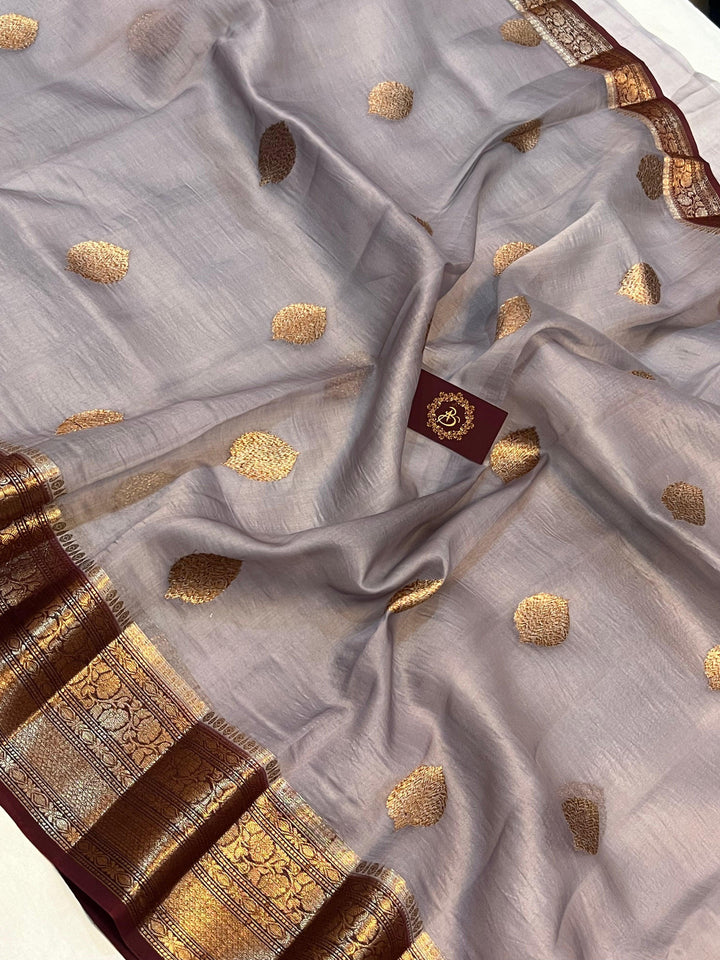 Grey Banarasi Handloom Kora Silk Saree - Aura Benaras