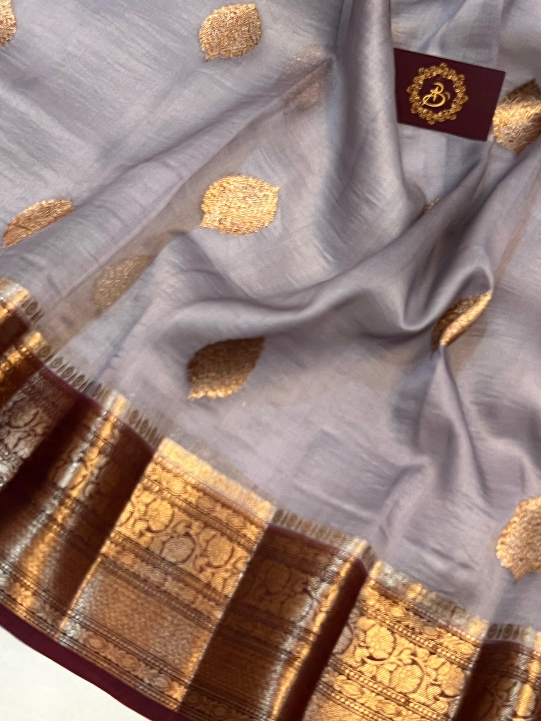 Grey Banarasi Handloom Kora Silk Saree - Aura Benaras