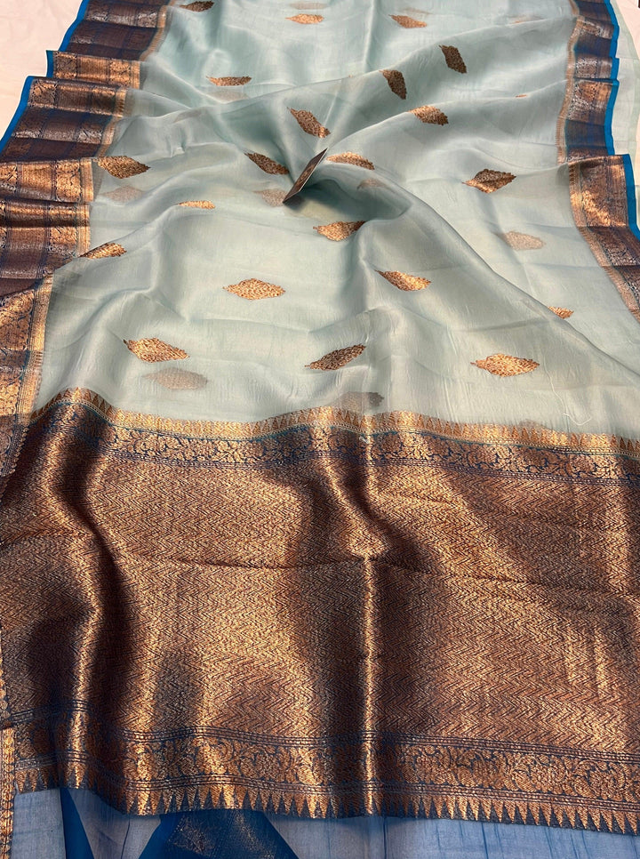 Greyish Blue Banarasi Handloom Kora Silk Saree - Aura Benaras