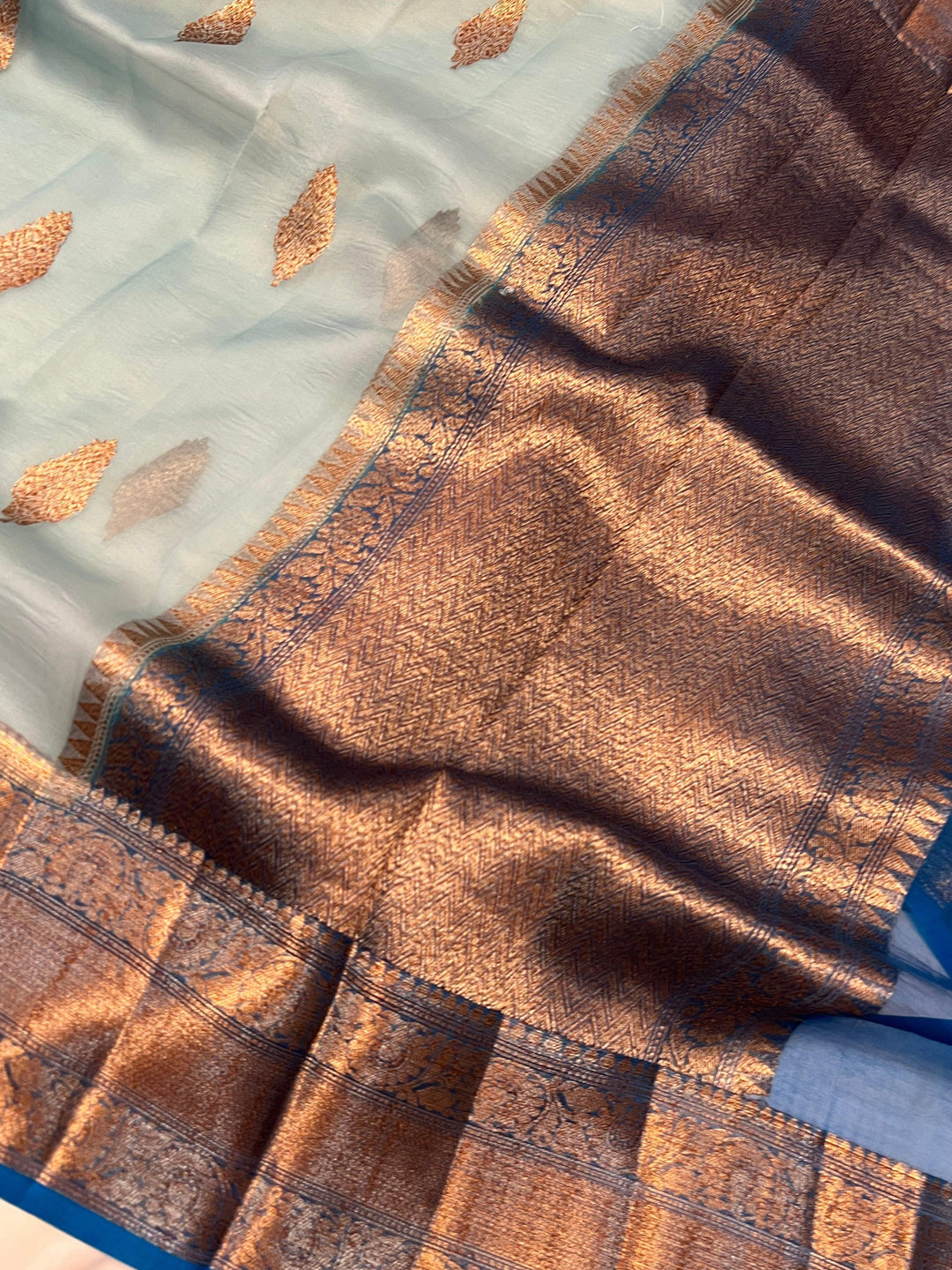Greyish Blue Banarasi Handloom Kora Silk Saree - Aura Benaras