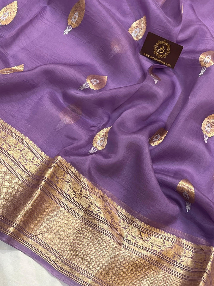 Lavender Pure Banarasi Handloom Kora Silk Saree - Aura Benaras