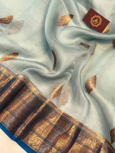 Greyish Blue Banarasi Handloom Kora Silk Saree - Aura Benaras