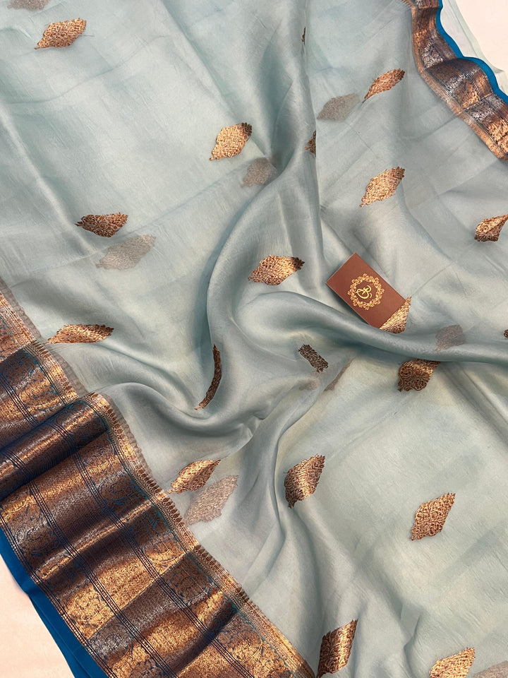 Greyish Blue Banarasi Handloom Kora Silk Saree - Aura Benaras