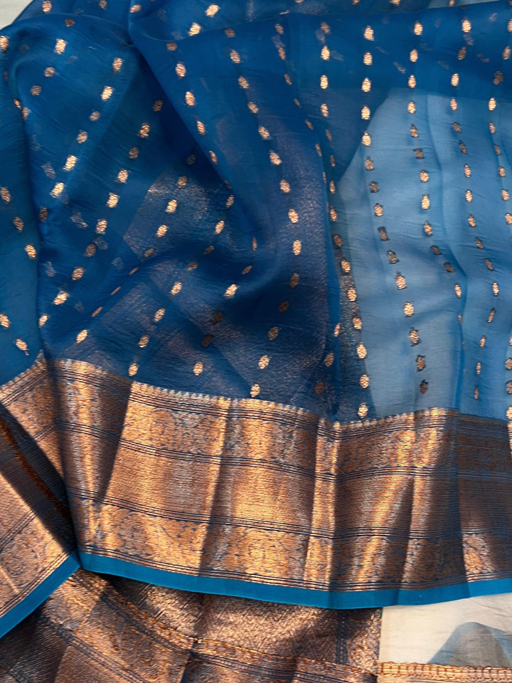 Greyish Blue Banarasi Handloom Kora Silk Saree - Aura Benaras