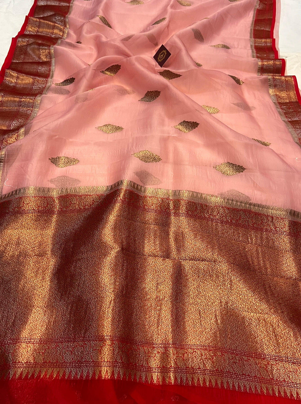 Peach Banarasi Handloom Kora Silk Saree - Aura Benaras