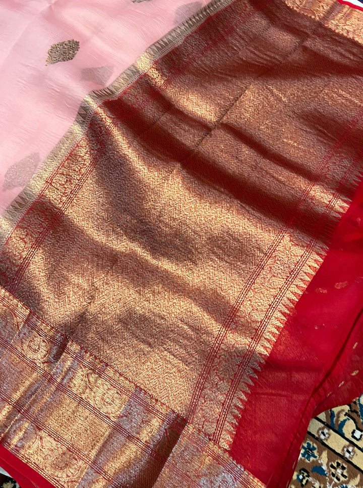 Peach Banarasi Handloom Kora Silk Saree - Aura Benaras