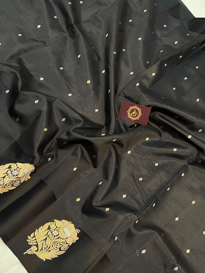 Black Pure Banarasi Handloom Silk Saree - Aura Benaras