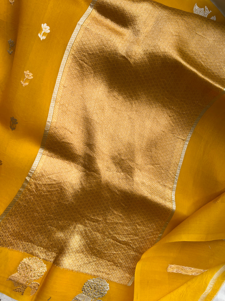 Yellow Pure Kora Silk Handloom Banarasi Saree