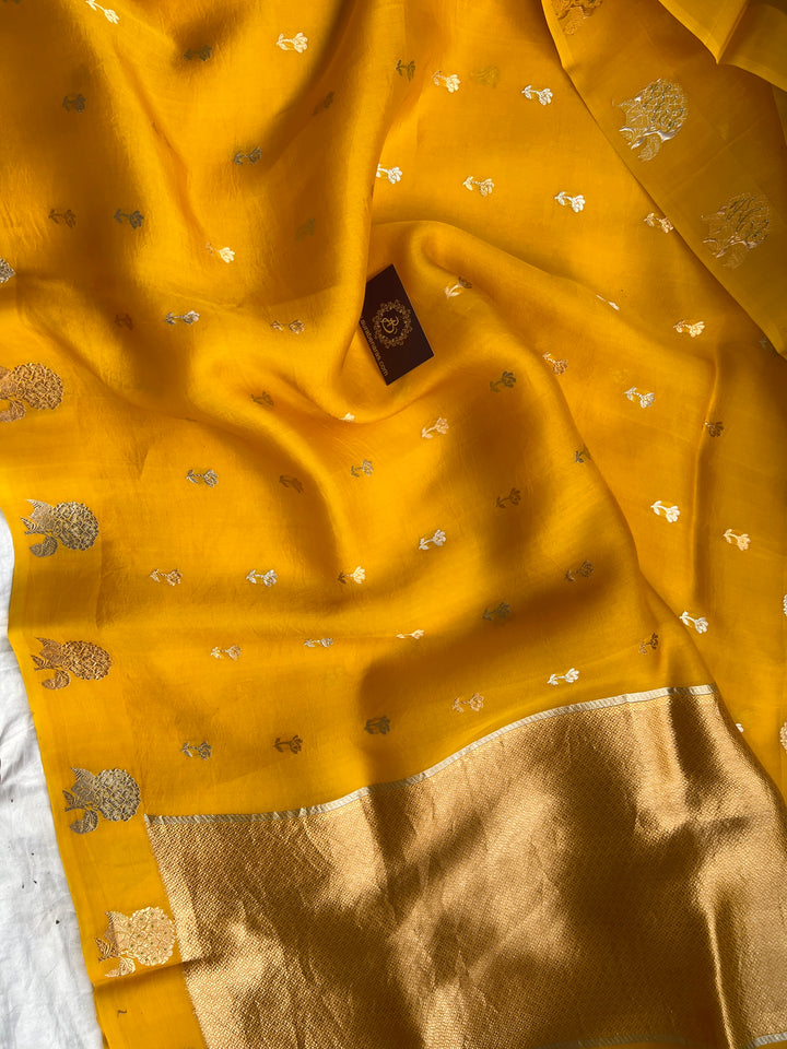 Yellow Pure Kora Silk Handloom Banarasi Saree