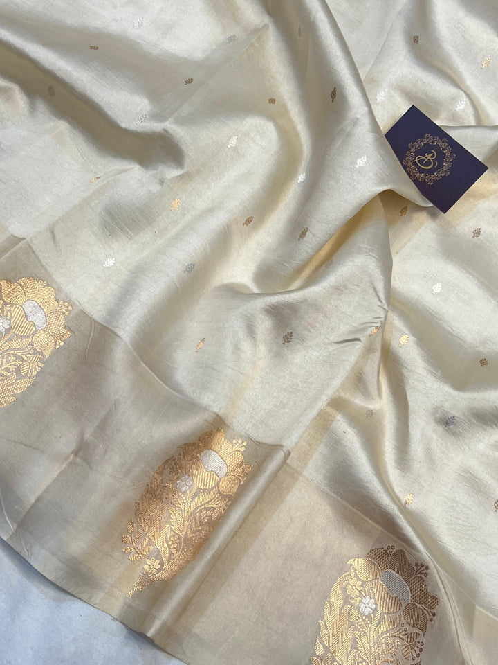 Cream Pure Banarasi Handloom Silk Saree - Aura Benaras