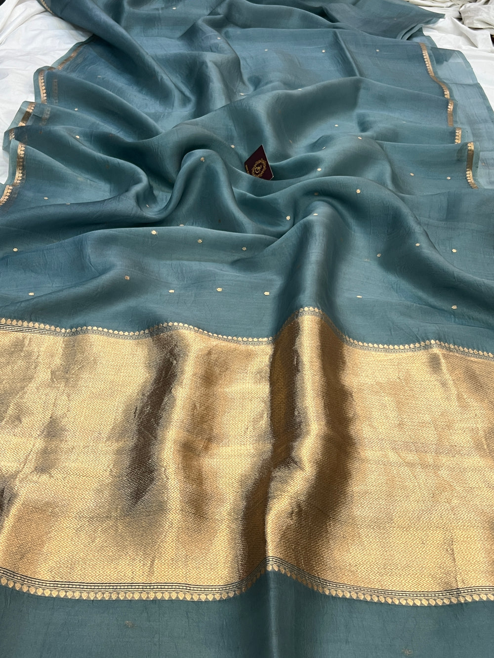Sage Blue Pure Kora Silk Handloom Banarasi Saree
