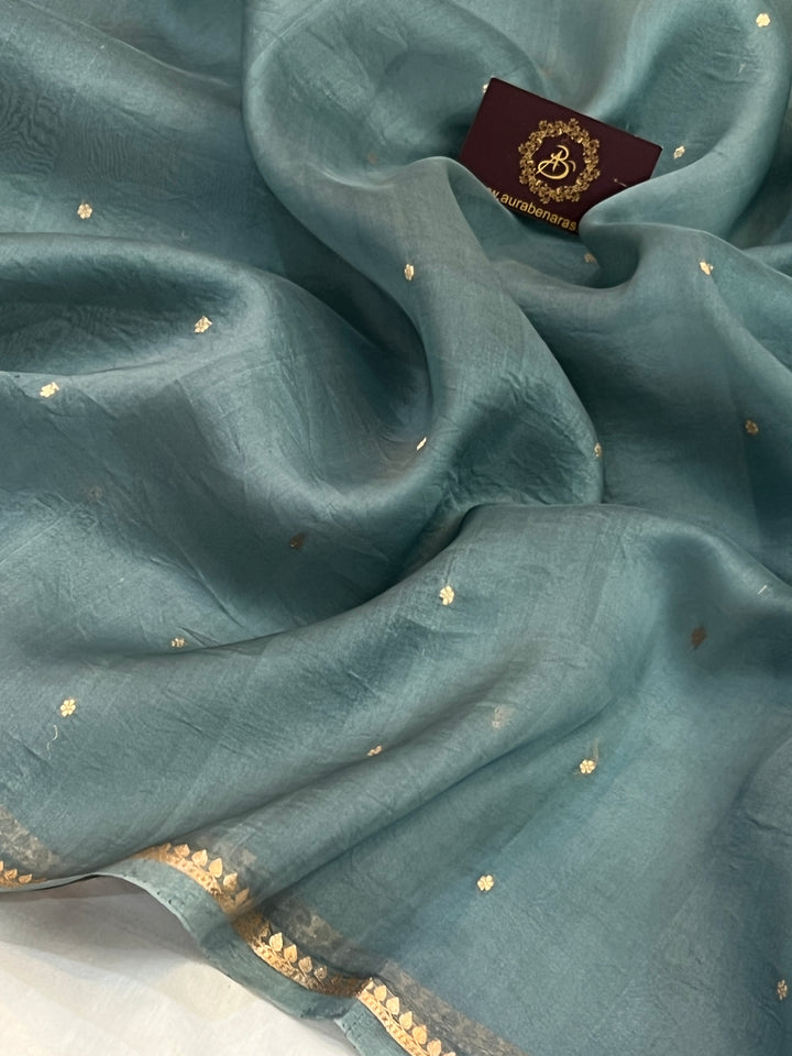 Sage Blue Pure Kora Silk Handloom Banarasi Saree