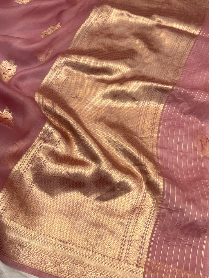 Onion Pink Pure Kora Silk Handloom Banarasi Saree