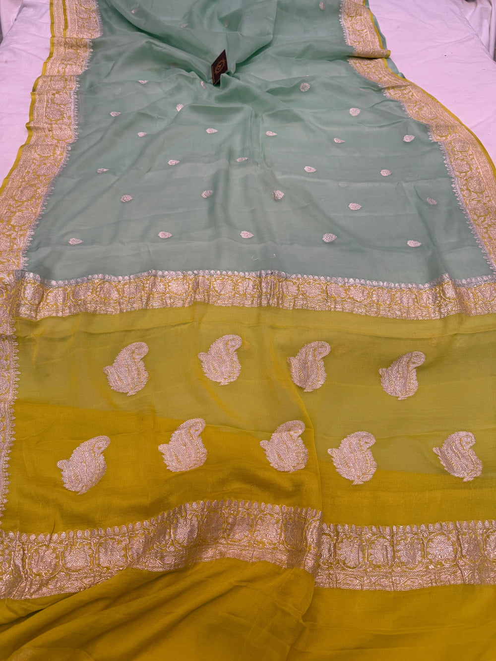 Sea Green Khaddi Chiffon Banarasi Handloom Saree