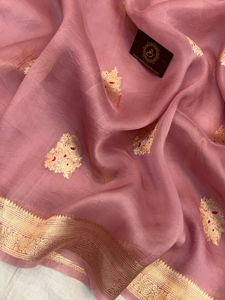 Onion Pink Pure Kora Silk Handloom Banarasi Saree