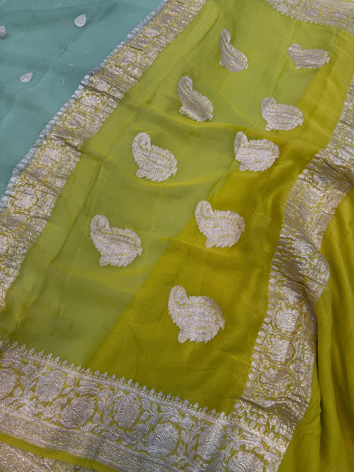 Sea Green Khaddi Chiffon Banarasi Handloom Saree