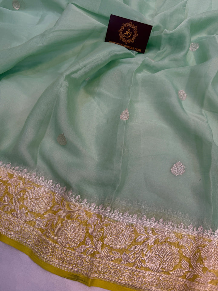Sea Green Khaddi Chiffon Banarasi Handloom Saree