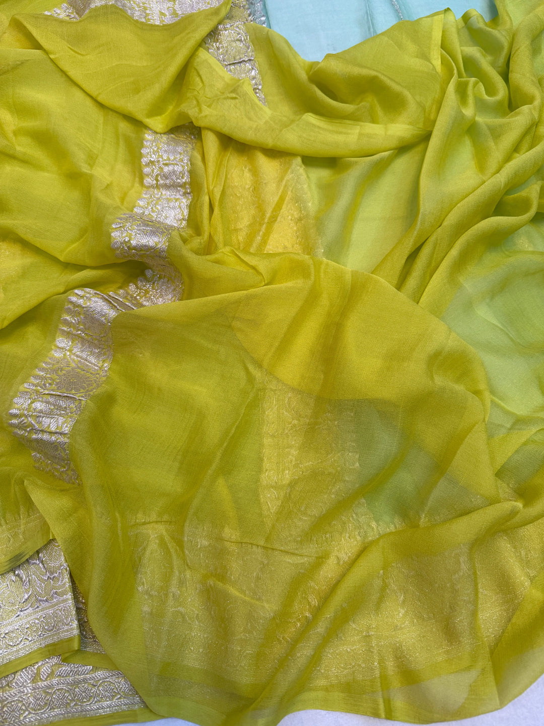 Sea Green Khaddi Chiffon Banarasi Handloom Saree