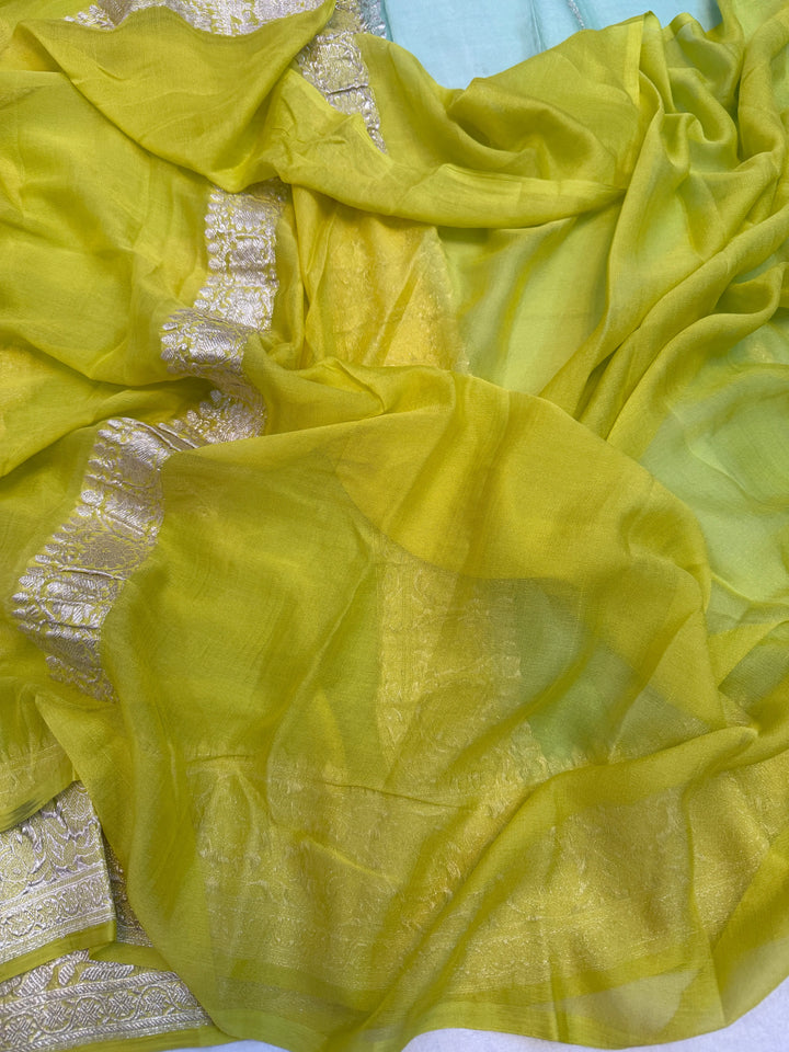 Sea Green Khaddi Chiffon Banarasi Handloom Saree