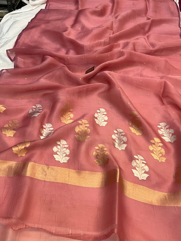 Rose Pink Pure Kora Silk Handloom Banarasi Saree