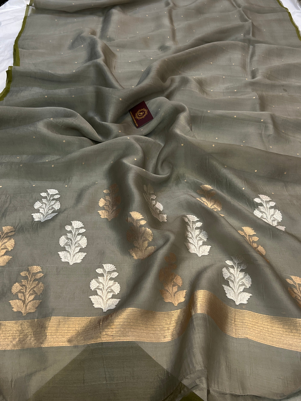 Grey Pure Kora Silk Handloom Banarasi Saree