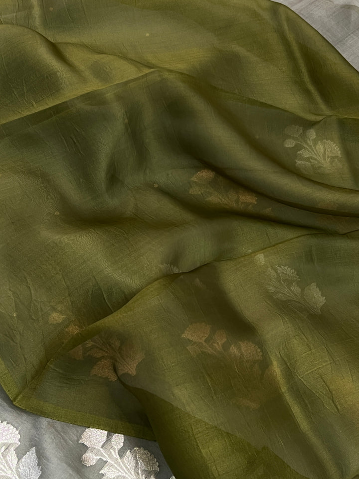 Grey Pure Kora Silk Handloom Banarasi Saree