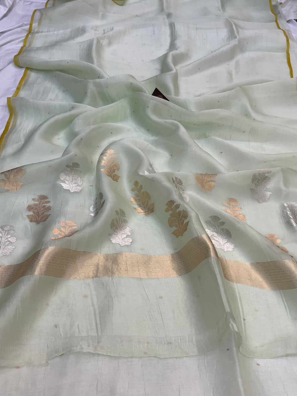 Pastel mint green Pure Kora Silk Handloom Banarasi Saree