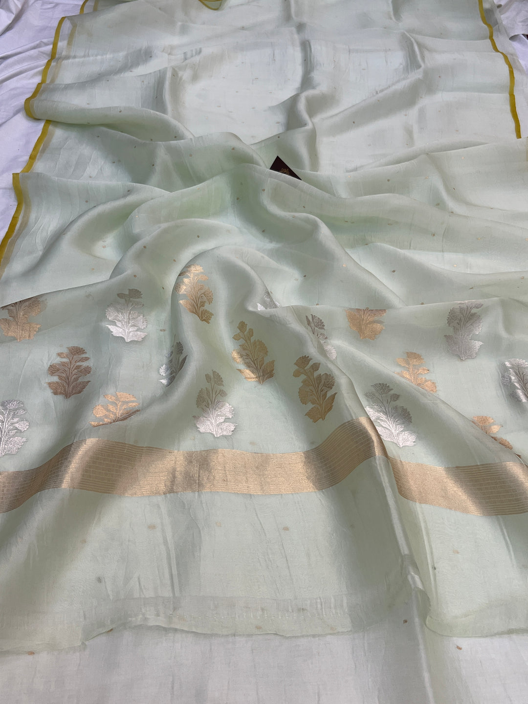 Pastel mint green Pure Kora Silk Handloom Banarasi Saree