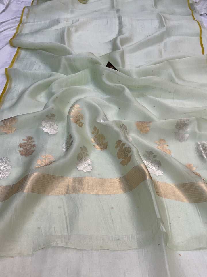 Pastel mint green Pure Kora Silk Handloom Banarasi Saree