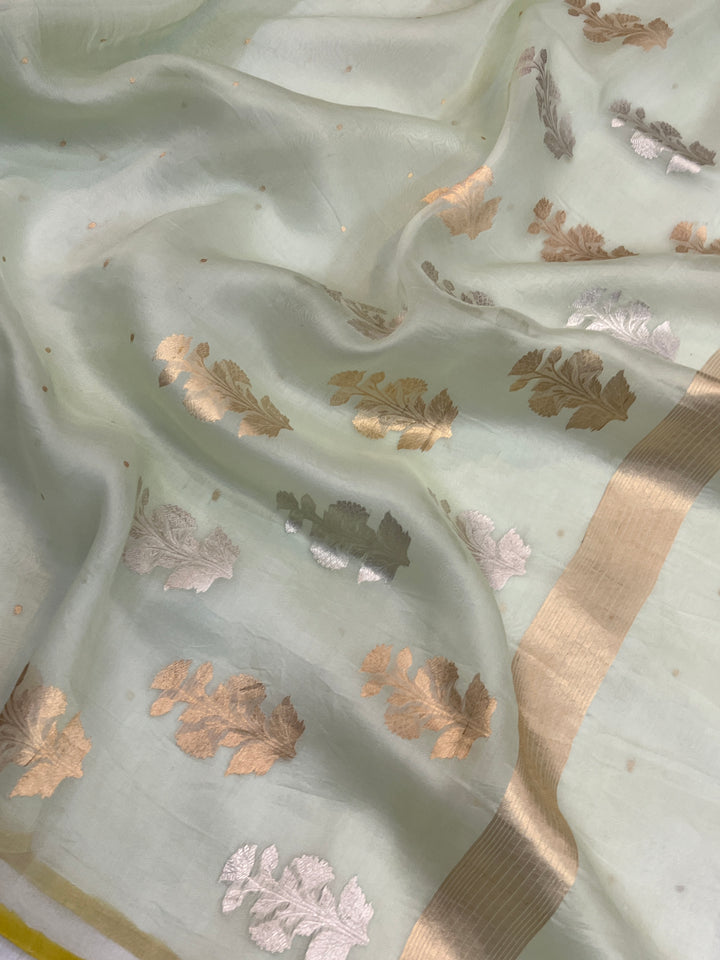 Pastel mint green Pure Kora Silk Handloom Banarasi Saree