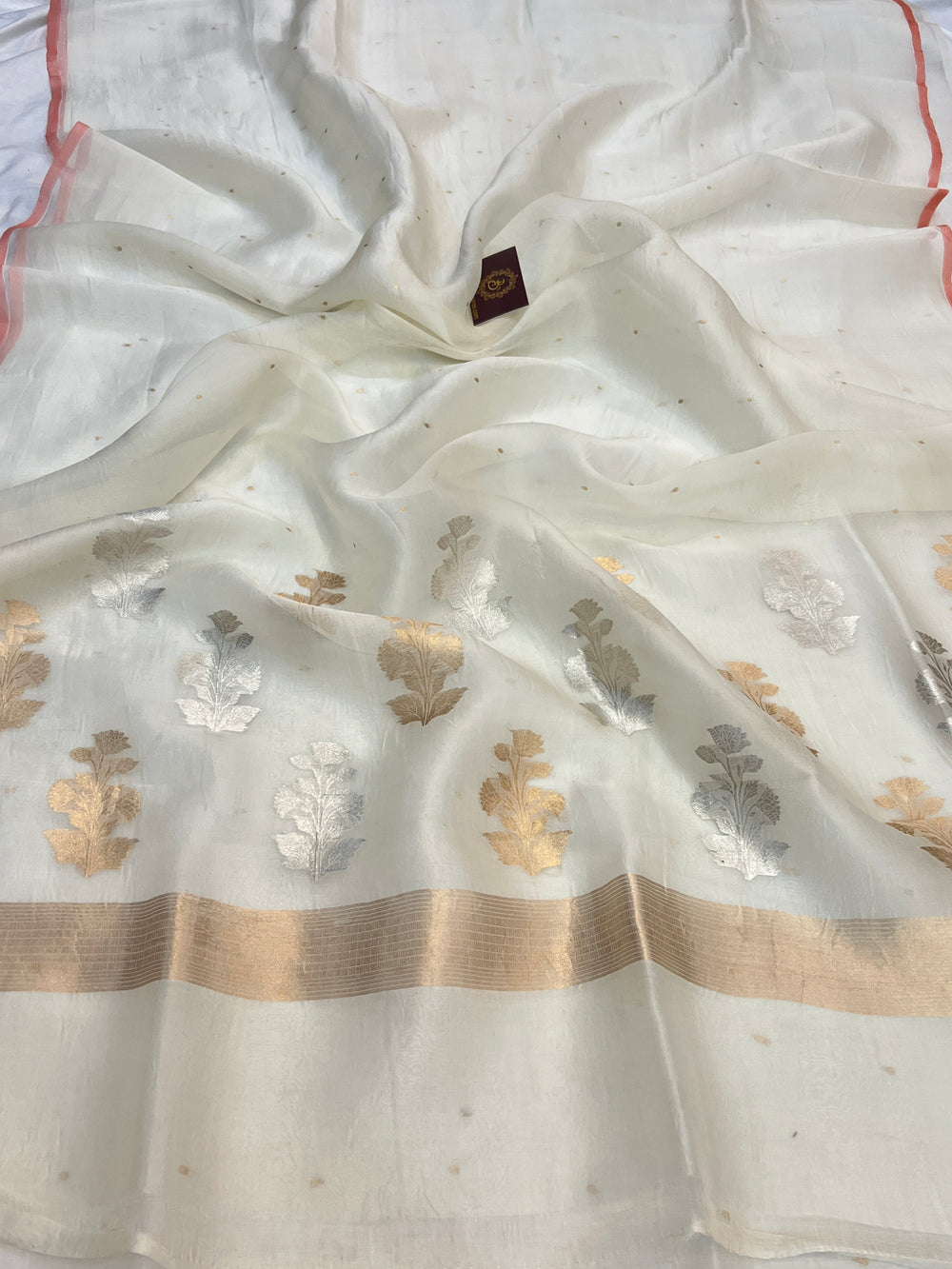 Off white Pure Kora Silk Handloom Banarasi Saree