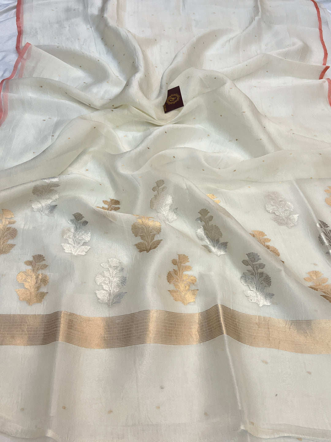 Off white Pure Kora Silk Handloom Banarasi Saree