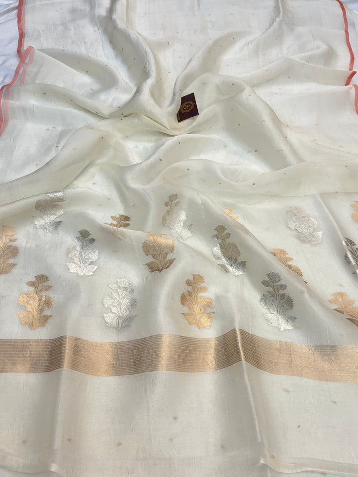 Off white Pure Kora Silk Handloom Banarasi Saree