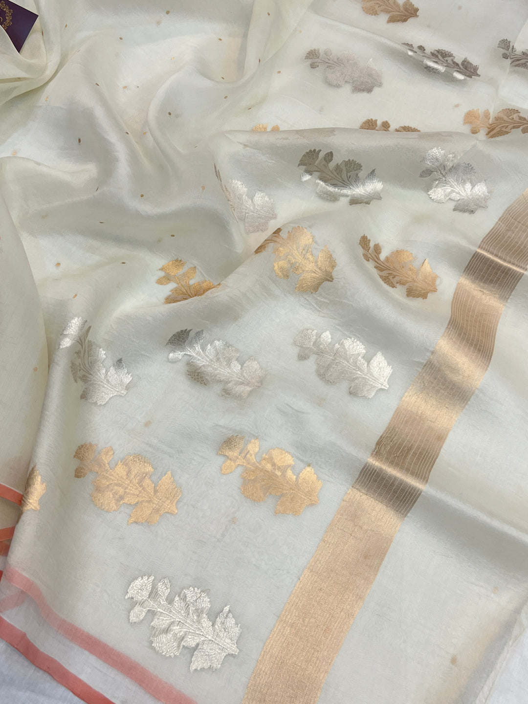 Off white Pure Kora Silk Handloom Banarasi Saree