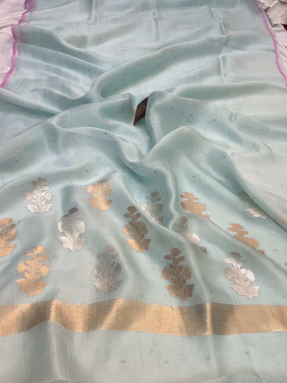 Teal blue Pure Kora Silk Handloom Banarasi Saree