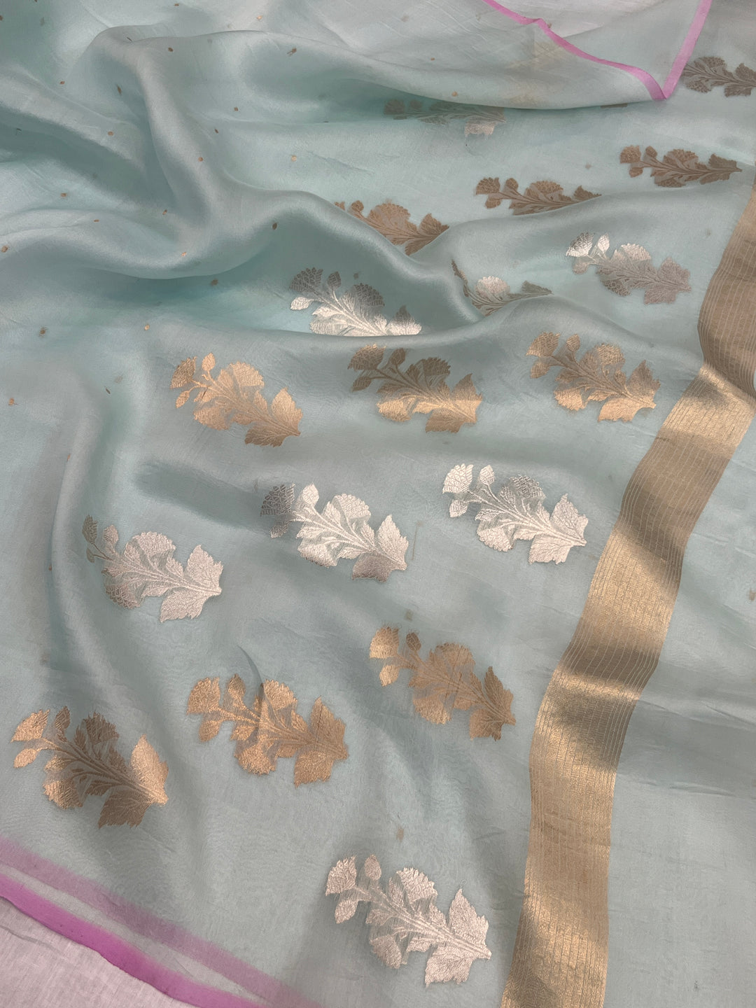Teal blue Pure Kora Silk Handloom Banarasi Saree