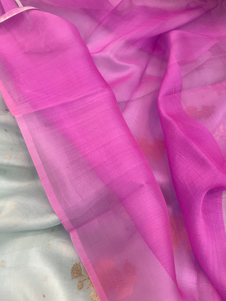 Teal blue Pure Kora Silk Handloom Banarasi Saree