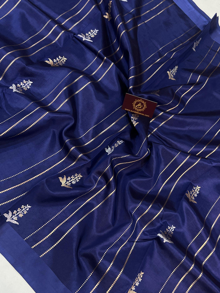 Navy Blue Pure Banarasi Handloom Silk Saree - Aura Benaras