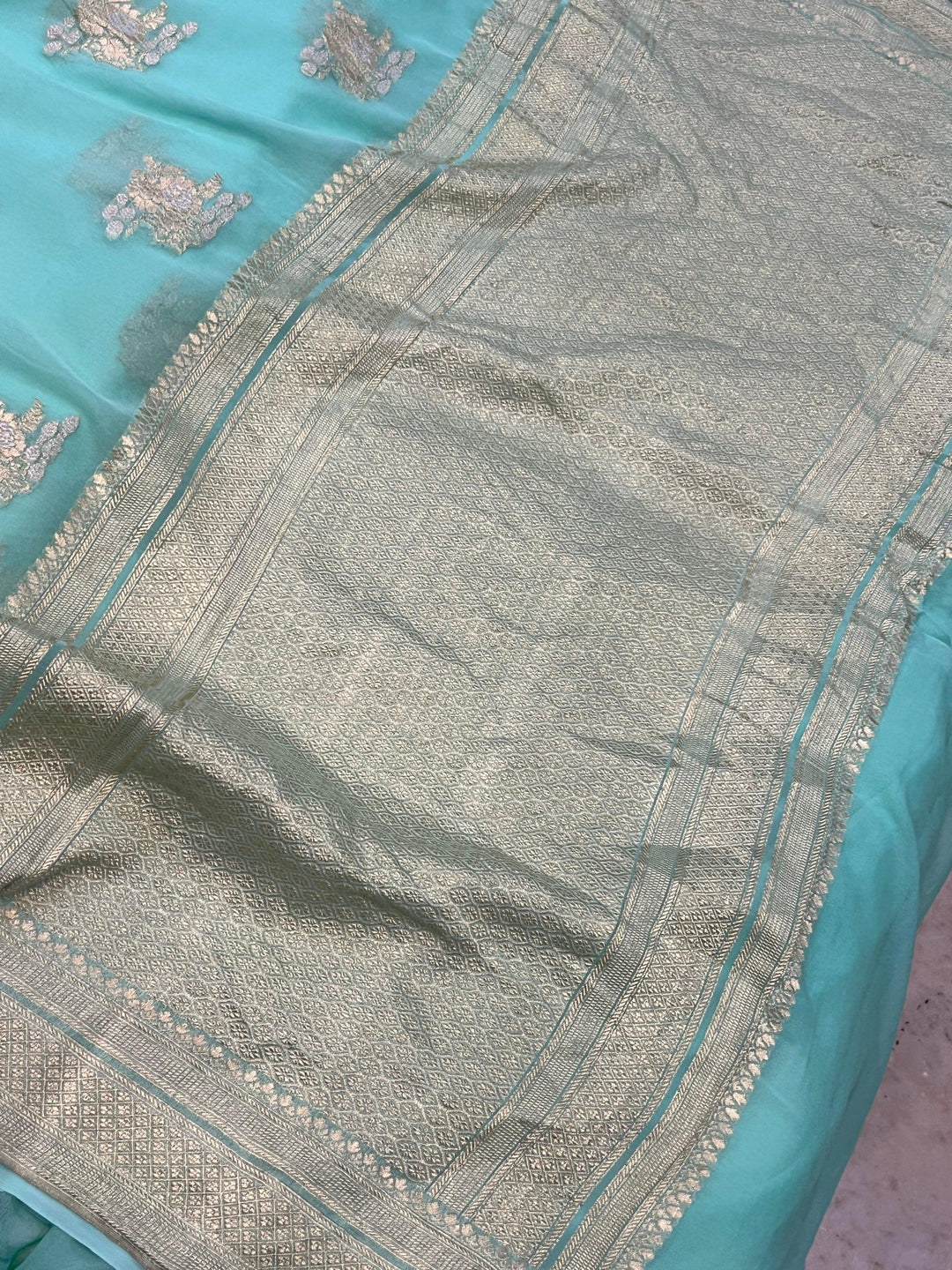 Turquoise Blue Banarasi Khaddi Georgette Saree - Aura Benaras