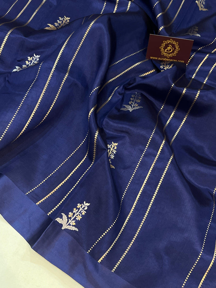 Navy Blue Pure Banarasi Handloom Silk Saree - Aura Benaras