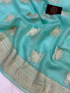 Turquoise Blue Banarasi Khaddi Georgette Saree - Aura Benaras